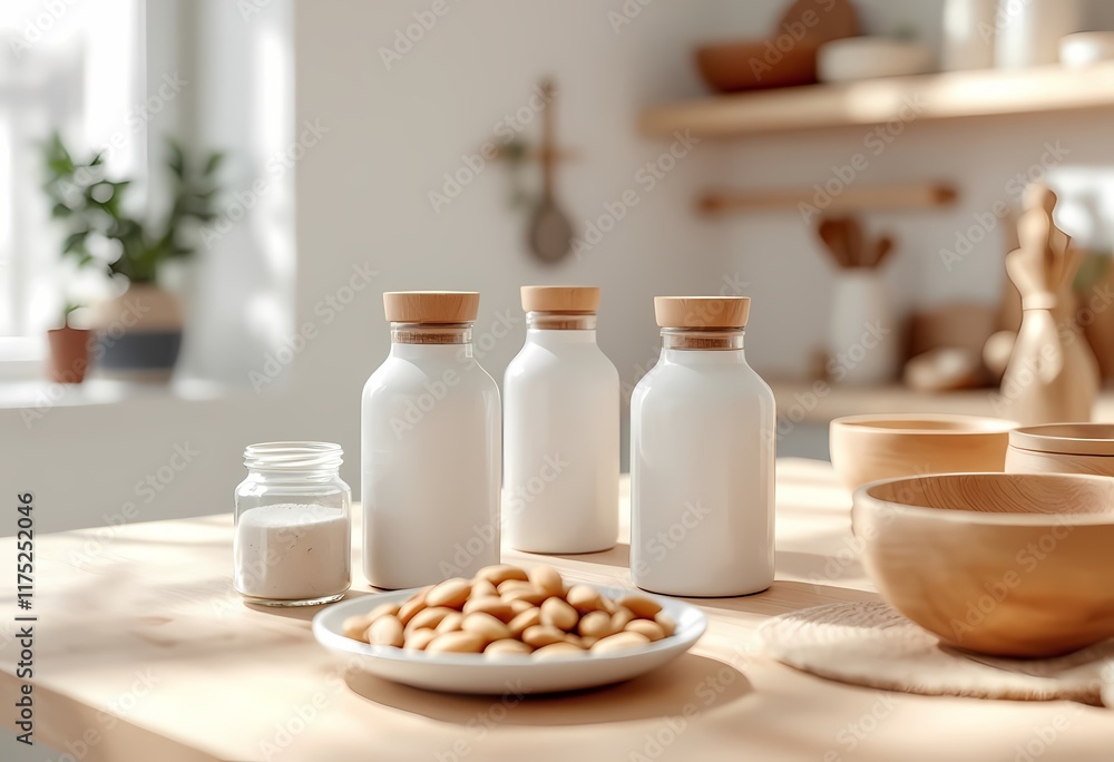 Arranged Kitchen Ingredients Featuring Almonds and Milk Bottles Arranged Kitchen Ingredients Featuring Almonds and Milk Bottles