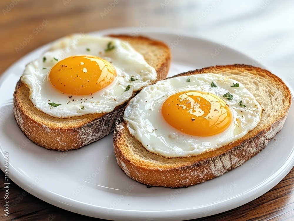 Deliciously cooked eggs served on toasted bread showcasing a perfect sunny-side-up presentation in a cozy dining setting Deliciously cooked eggs served on toasted bread showcasing a perfect sunny-side-up presentation in a cozy dining setting