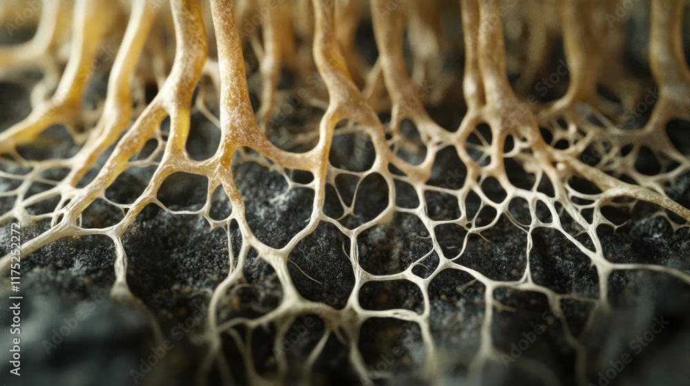 Intricate Network of Delicate, Beige Mycelium on Dark Soil: A Macro Photograph of Fungal Structure