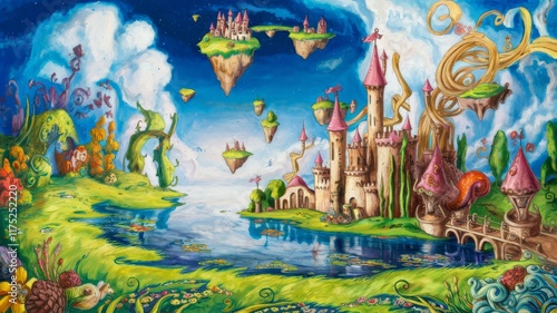 Colorful fantasy world with floating islands, large castle, winding vines, and blue water under bright sky with imaginative scenery