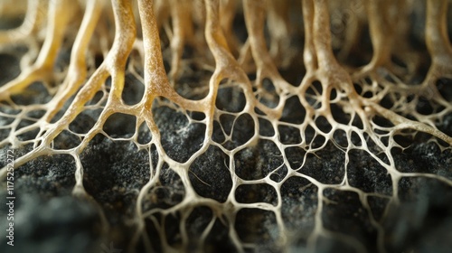 Obraz na płótnie Intricate Network of Delicate, Beige Mycelium on Dark Soil: A Macro Photograph of Fungal Structure w salonie