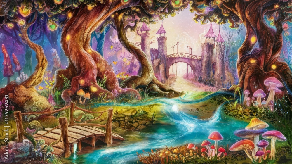 Obraz premium Enchanted fantasy forest with glowing trees and mystical river