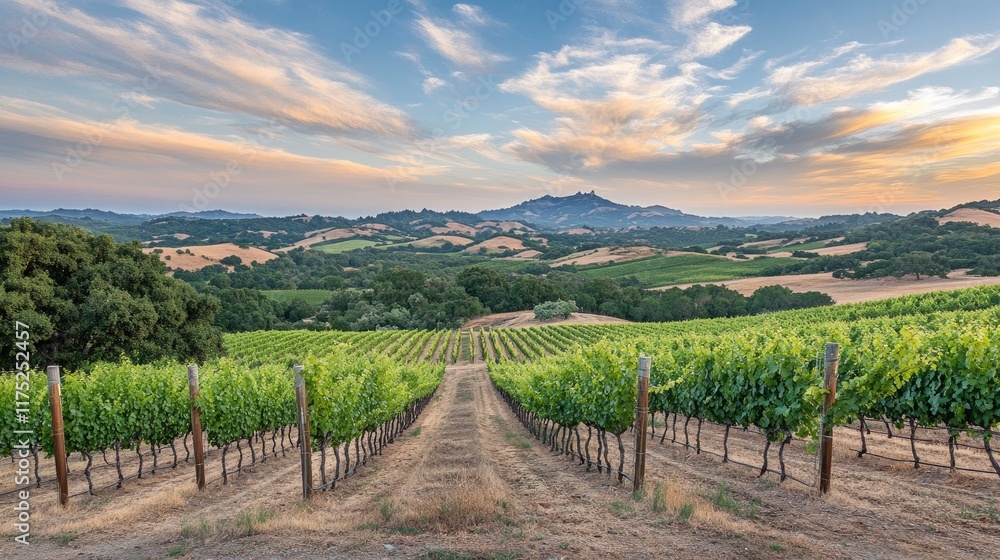 Fototapeta premium Vineyard Rows at Sunset in Rolling Hills