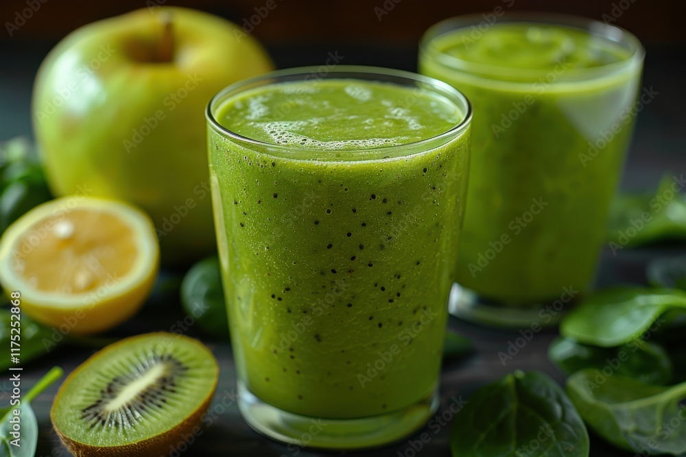 Fresh green smoothie made with spinach, kiwi, and lemon sits on a wooden table next to fresh fruit ready for a healthy drink option Fresh green smoothie made with spinach, kiwi, and lemon sits on a wooden table next to fresh fruit ready for a healthy drink option