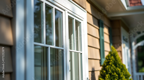 Close-up view of a white multi-paned window on a light brown clapboard house.  Sunlight casts shadows on the siding. Part of a green shutter and a small evergreen shrub are visible.