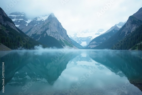 Wallpaper Mural Misty lake surface reflected in calm waters of Arkhyz glacial lake, reflection, mountains, water Torontodigital.ca