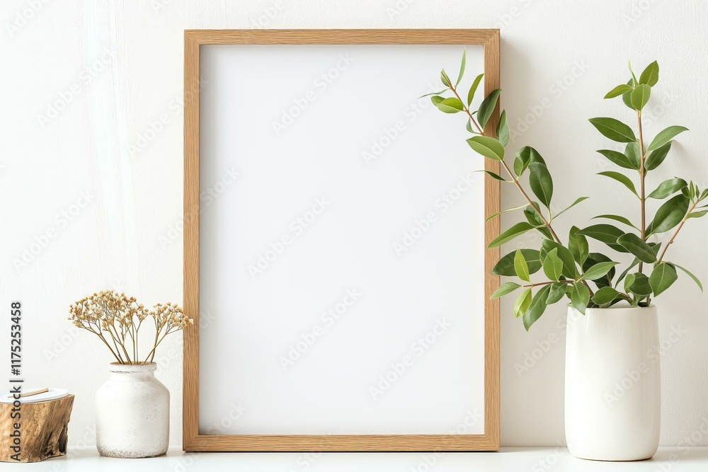Poster photo frame mockup with a green plant and white frames on white background Poster photo frame mockup with a green plant and white frames on white background