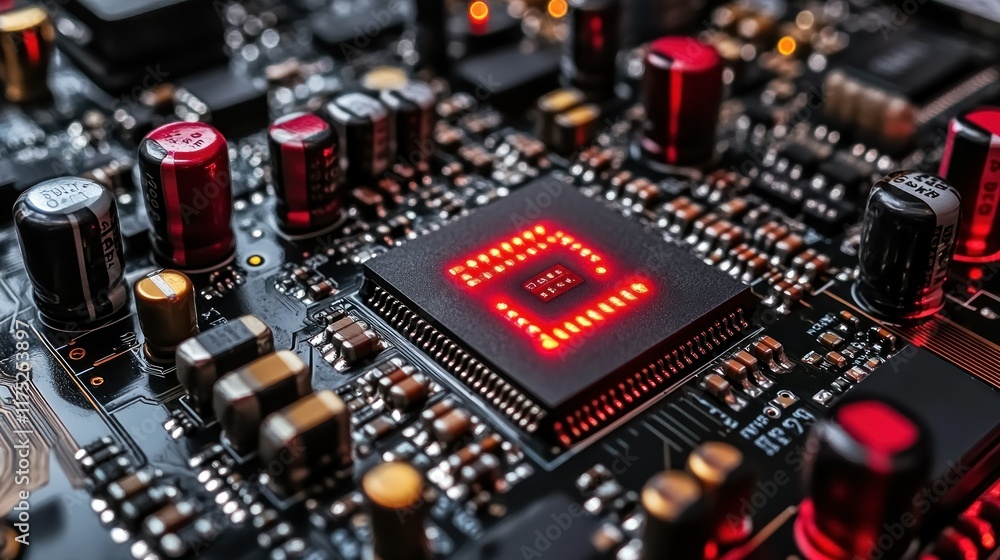 Close-up of a circuit board featuring a glowing microchip and various electronic components. Close-up of a circuit board featuring a glowing microchip and various electronic components.