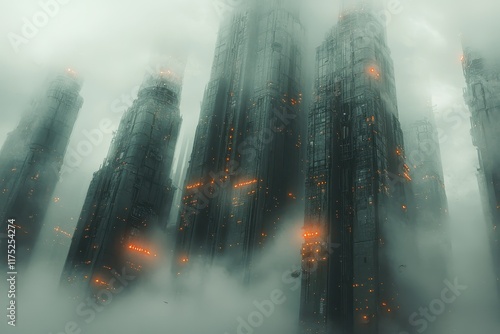 Towering structures shrouded in mist reveal a futuristic urban landscape at twilight photo