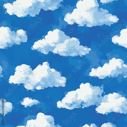 Watercolor painted beautiful blue sky with cute fluffy clouds seamless pattern