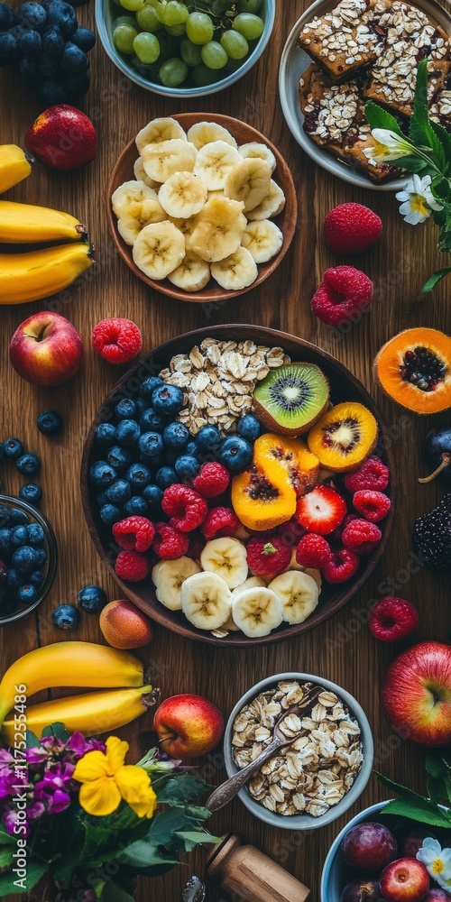 Fresh fruit and oats display on wooden table in bright setting Fresh fruit and oats display on wooden table in bright setting