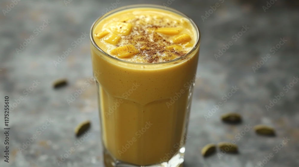 A creamy mango smoothie garnished with spices in a glass. A creamy mango smoothie garnished with spices in a glass.