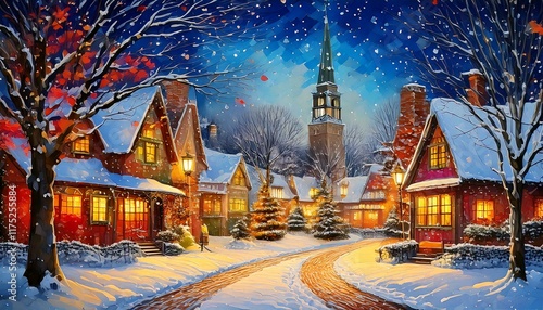 Evening view of a snowy street, Christmas atmosphere, retro style illustration
