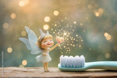 A tooth fairy sprinkling heart-shaped sparkles over a toothbrush, postcard design, valentine concept, dental