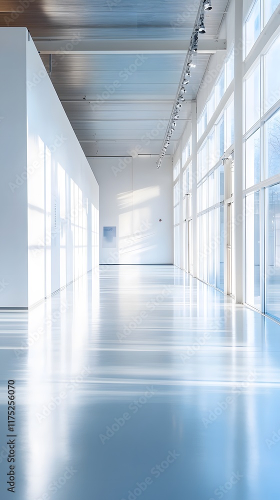 A wide, empty exhibition space with white walls, natural light streaming through windows, and a polished floor, perfect for product displays and text integration A wide, empty exhibition space with white walls, natural light streaming through windows, and a polished floor, perfect for product displays and text integration