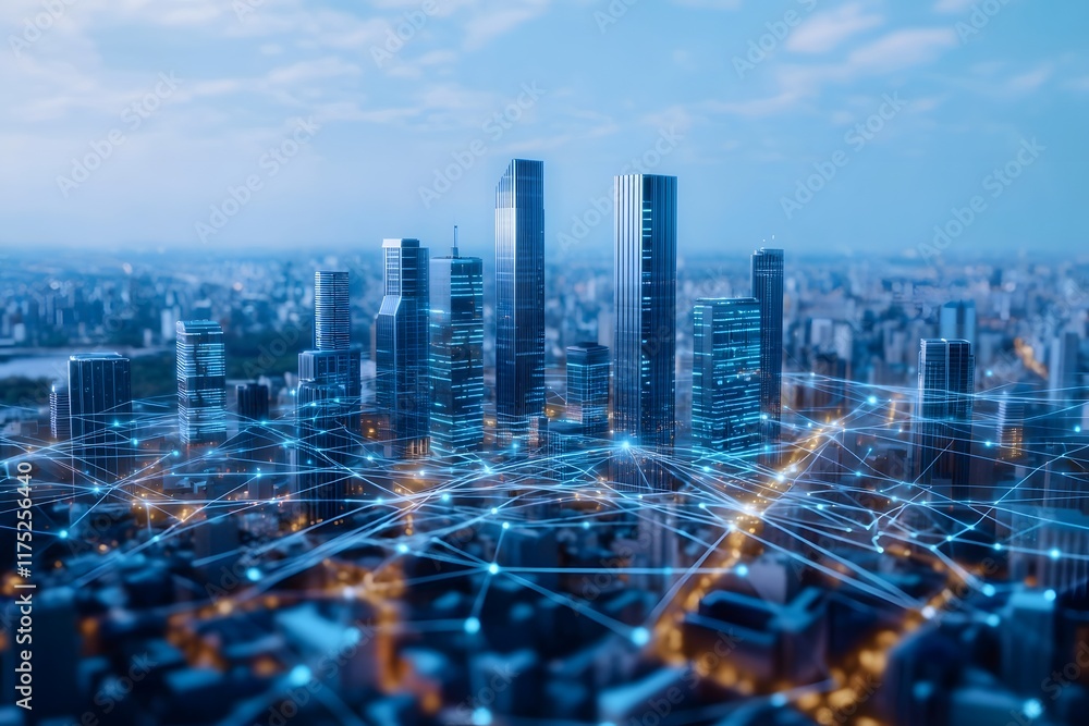 Obraz premium Futuristic Skyline of Interconnected Smart Metropolis with Hyper Real Data Visualizations