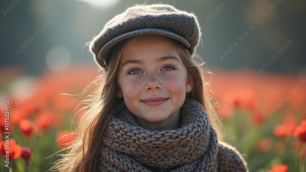 Portrait of a Young Girl Smiling in a Field of Red Tulips Portrait of a Young Girl Smiling in a Field of Red Tulips