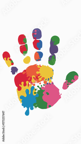 A colorful illustration of a child's handprint on a white background