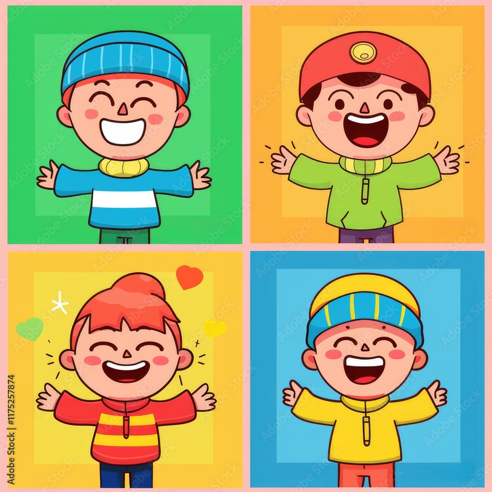 Four-square grid cartoon emojis, with bright-colored wear, simple scenes, natural light. Happy emotions, carefree and comical, ideal for creative works. Four-square grid cartoon emojis, with bright-colored wear, simple scenes, natural light. Happy emotions, carefree and comical, ideal for creative works.