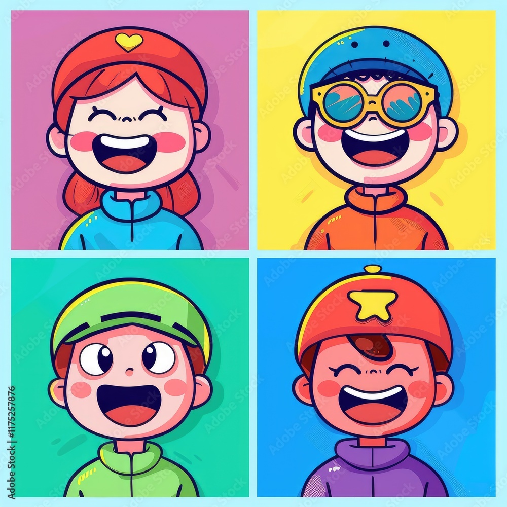 Cartoon four-square grid emojis, bright clothing, simple backgrounds, under natural light. Happy feelings, relaxing and humorous, for wide design projects. Cartoon four-square grid emojis, bright clothing, simple backgrounds, under natural light. Happy feelings, relaxing and humorous, for wide design projects.