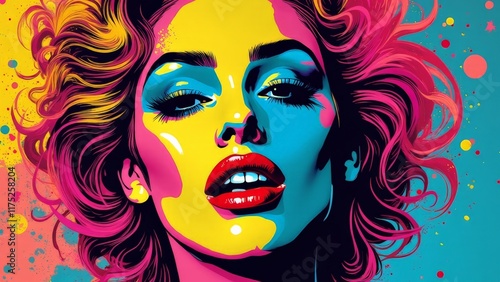 Bold pop art style portrait of woman with exaggerated colorful makeup, bright background, and expressive gaze in modern illustration