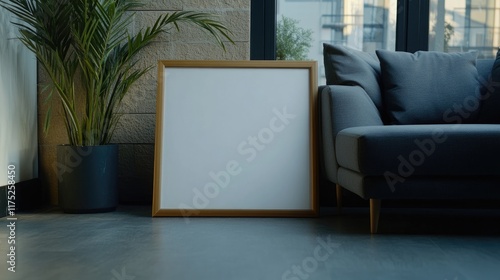 Empty wooden frame mockup leaning against a grey sofa in a modern living room with a potted plant. photo