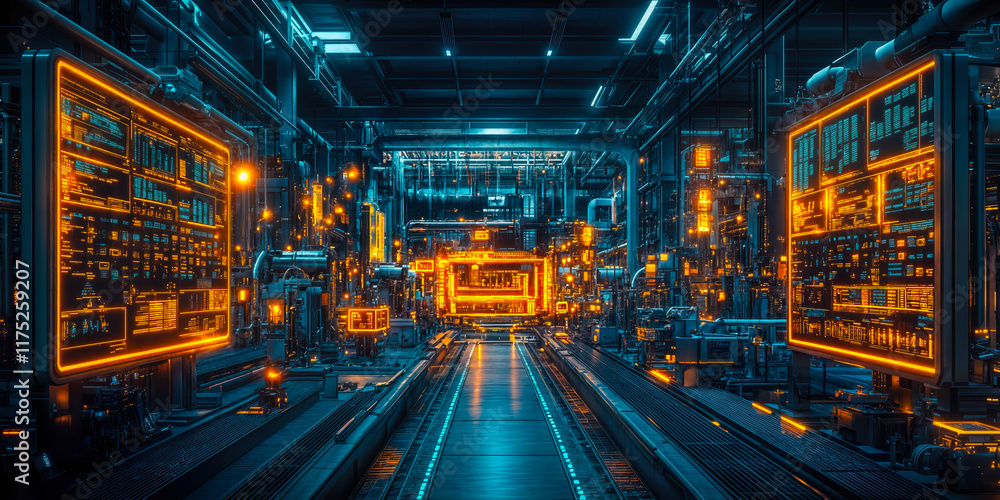 Futuristic Industrial Factory with Advanced Automation Technology and Digital Interfaces Futuristic Industrial Factory with Advanced Automation Technology and Digital Interfaces