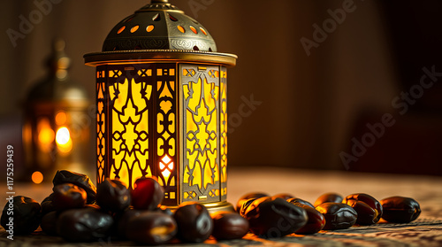 Traditional golden lantern glowing warmly, symbolizing Ramadans festive spirit and cultural heritage. photo