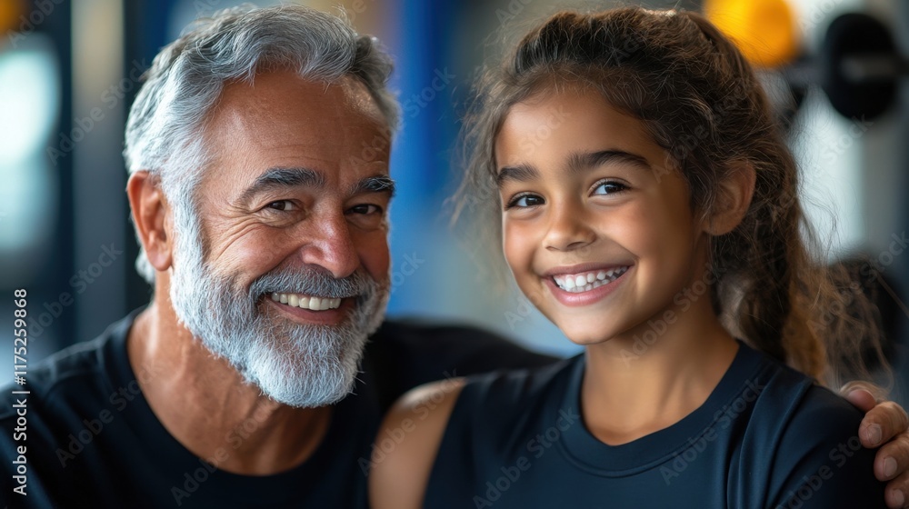 Grandfather shares a joyful moment with his granddaughter in a fitness center, showcasing their strong bond and love for staying active together Grandfather shares a joyful moment with his granddaughter in a fitness center, showcasing their strong bond and love for staying active together