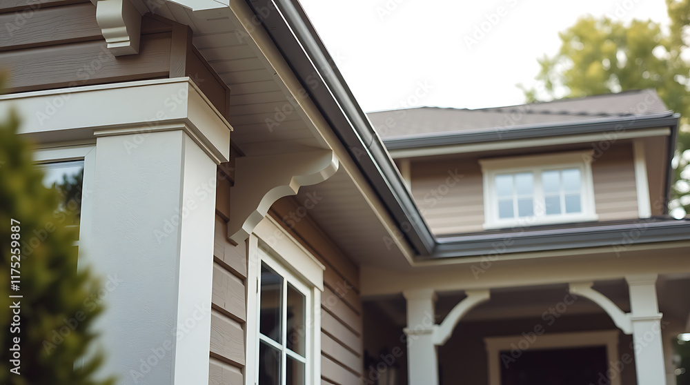 Fototapeta premium Residential House Exterior with Gray Siding and White Trim