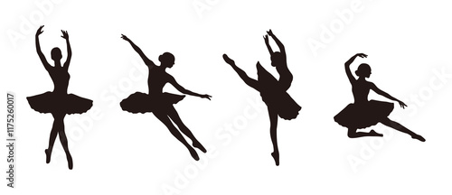 A set of illustrations of ballet movements and choreography, a dance art form that originated in Europe. Shadows of ballerinas, female dancers.