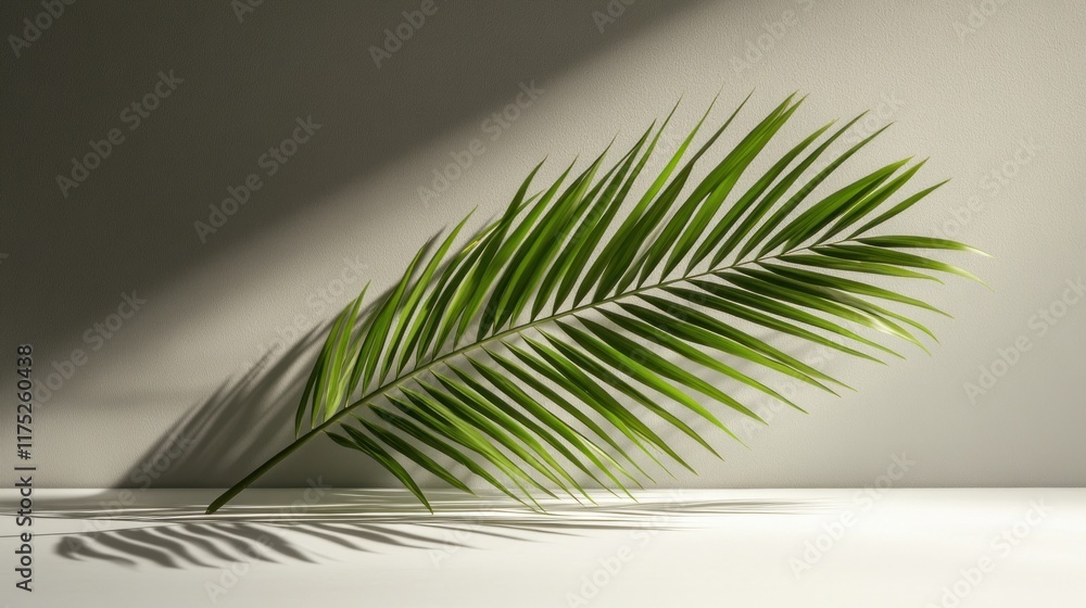 Fototapeta premium Side view of green tropical palm leaves on an empty white table with sharp sunlight and shadows. 