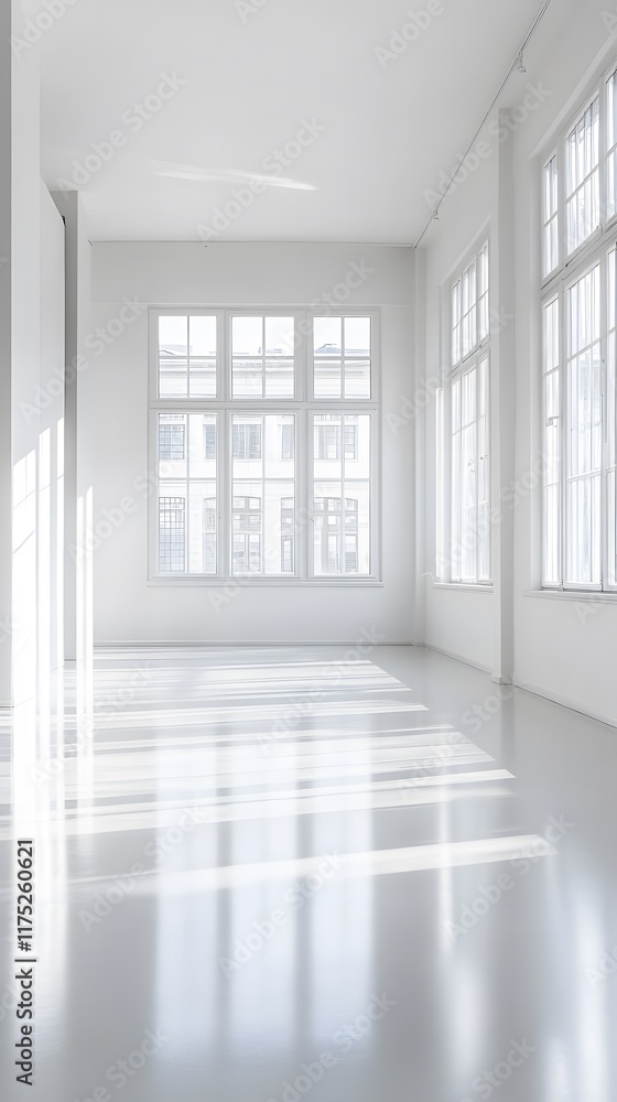 Fototapeta premium A bright, empty showroom with clean white walls, large windows, and a polished floor, ideal for showcasing products and incorporating textual elements