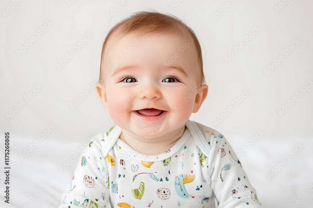 Smiling Baby Portrait with Joyful Expression Bright Eyes and Printed Onesie on Clean White Background Smiling Baby Portrait with Joyful Expression Bright Eyes and Printed Onesie on Clean White Background