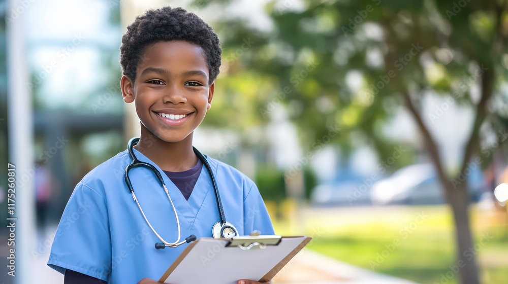 A bright and hopeful teenage boy embodies the future of healthcare with his stethoscope and clipboard, radiating confidence and ambition. A bright and hopeful teenage boy embodies the future of healthcare with his stethoscope and clipboard, radiating confidence and ambition.