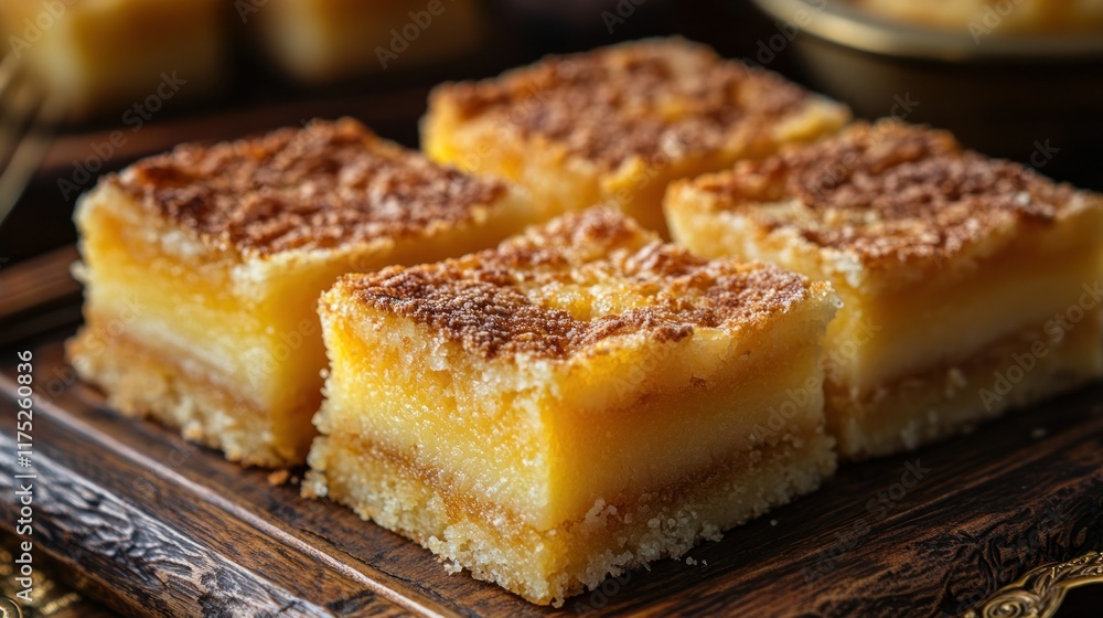 A close-up of delicious layered dessert squares on a wooden platter. A close-up of delicious layered dessert squares on a wooden platter.