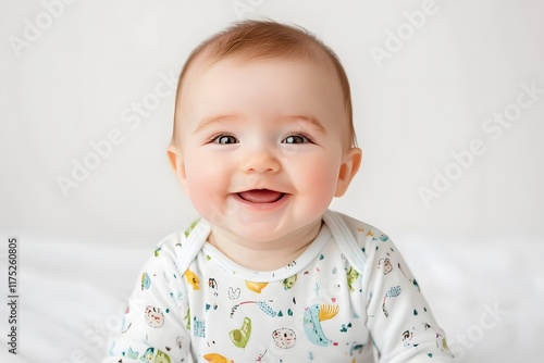 Smiling Baby Portrait with Joyful Expression Bright Eyes and Printed Onesie on Clean White Background