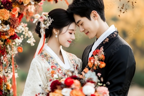 A Korean wedding ceremony with a couple in traditional hanbok, standing under an arch of colorful flowers photo