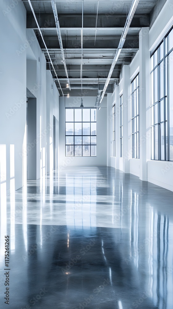 A clean, open commercial space with high ceilings, polished floors, and simple white walls, offering plenty of room for products and surrounding text A clean, open commercial space with high ceilings, polished floors, and simple white walls, offering plenty of room for products and surrounding text