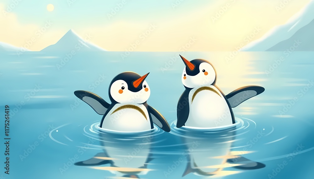 Obraz premium Sweet Couple of Penguins Gliding in Water