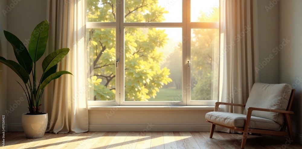 Soft morning light pours through the large window, morning, soft illumination Soft morning light pours through the large window, morning, soft illumination