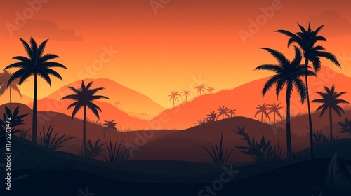 Silhouetted Palm Trees at Sunset Over Distant Mountains