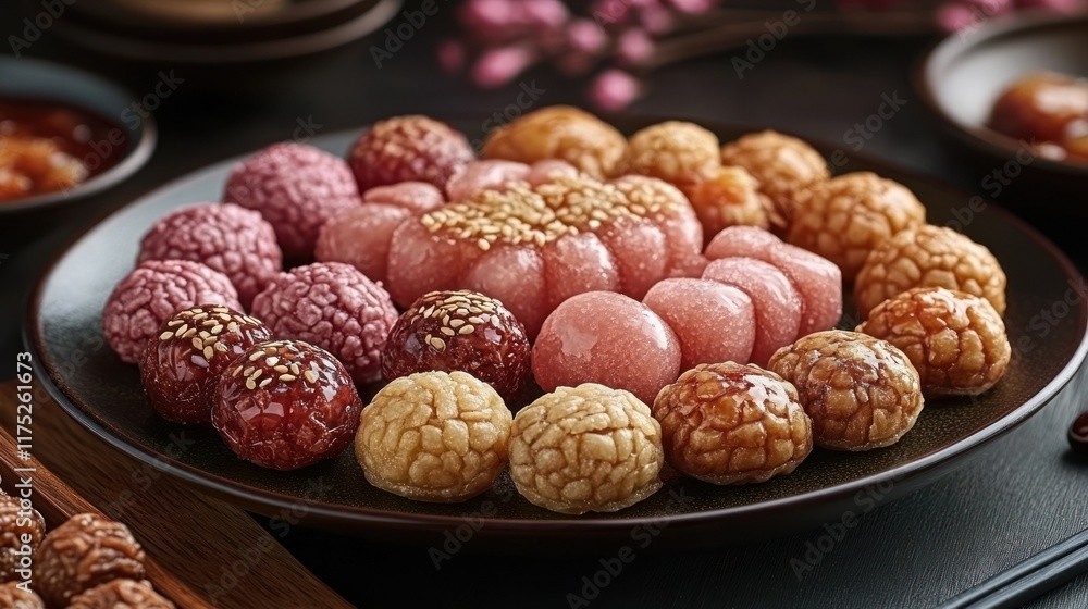 A beautifully arranged plate of colorful traditional sweets, showcasing various textures and flavors. A beautifully arranged plate of colorful traditional sweets, showcasing various textures and flavors.