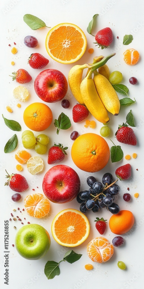 Fresh fruit arrangement with vibrant colors and variety on a white background Fresh fruit arrangement with vibrant colors and variety on a white background