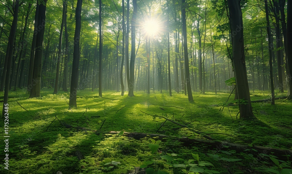 Fototapeta premium 森林晨曦阳光树木自然风光树林背景