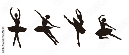 A set of illustrations of ballet movements and choreography, a dance art form that originated in Europe. Shadows of ballerinas, female dancers.