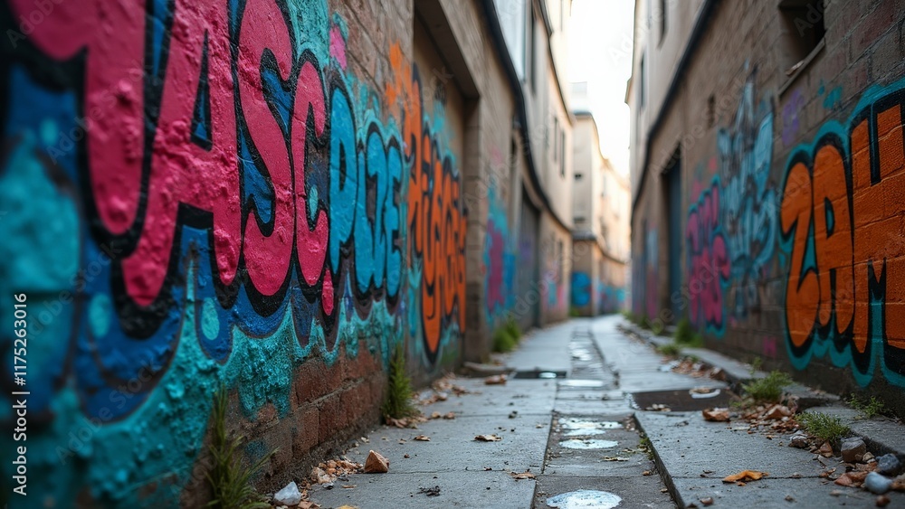 Fototapeta premium Urban alleyway covered in colorful graffiti art