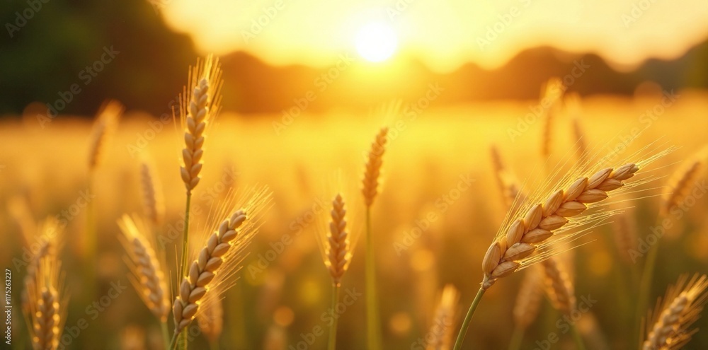 Sunny fields of golden wheat with delicate wildflowers, bokeh, sun Sunny fields of golden wheat with delicate wildflowers, bokeh, sun