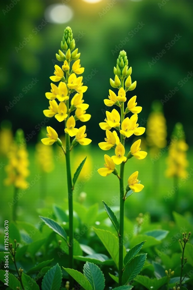 Tall yellow flowers amidst dense green foliage of mullein plant, floral, botanical Tall yellow flowers amidst dense green foliage of mullein plant, floral, botanical