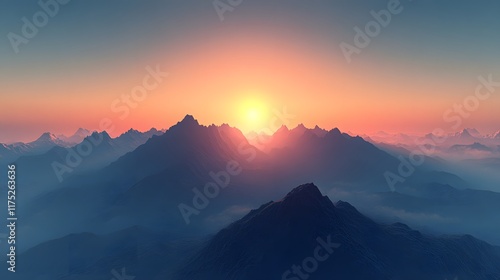 Wallpaper Mural Majestic mountain landscape showcases dramatic sunrise with golden sunburst illuminating peaks against deep blue sky, featuring misty valleys and layered mountain silhouettes in ethereal atmosphere. Torontodigital.ca